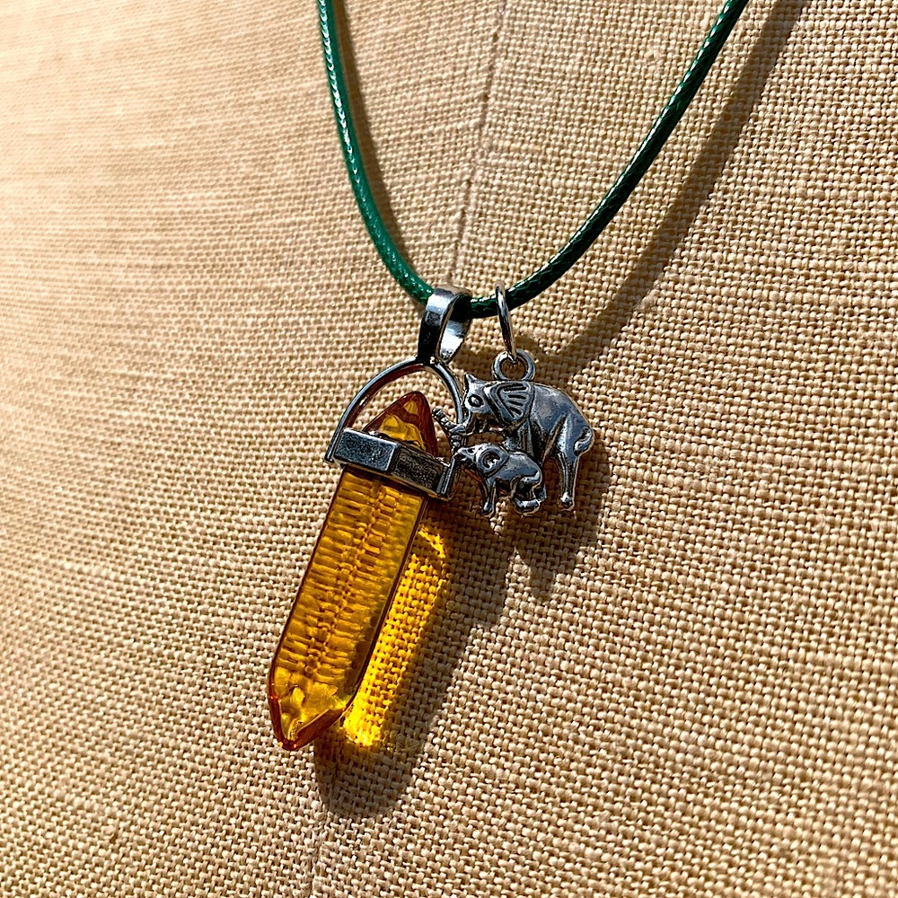 Handmade Honey Amber Resin Crystal Amulet Necklace & Elephant Charm